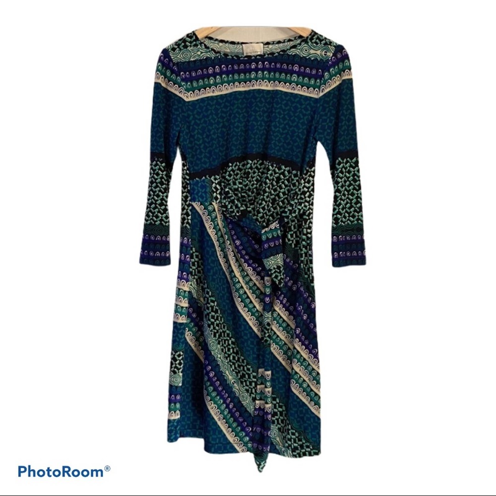 Womens Donna Morgan Size 4 Abstract Green and Blue Fit and Flare Dress Sash
